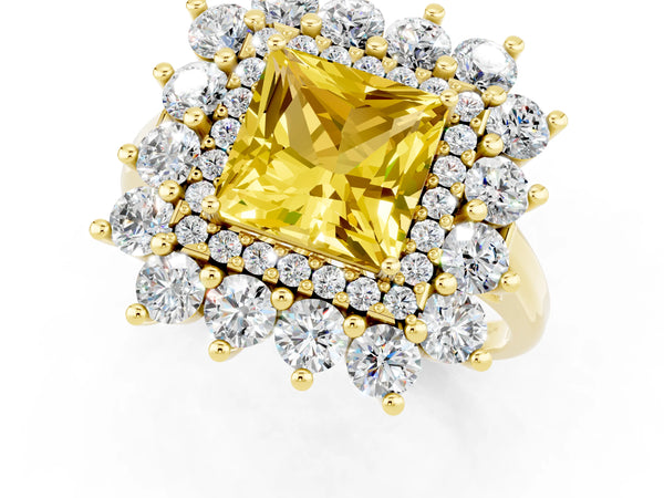 Yellow gold Princess Cut Yellow Sapphire Floral Double Halo Engagement Ring with Prong Setting