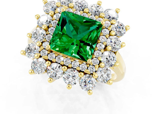Yellow gold Princess Cut Emerald Floral Double Halo Engagement Ring with Prong Setting