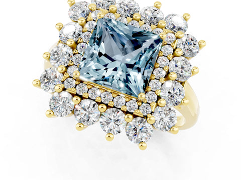 Yellow gold Princess Cut Halo Cluster Diamond Ring with Pave Band and Four-Prong Setting_7