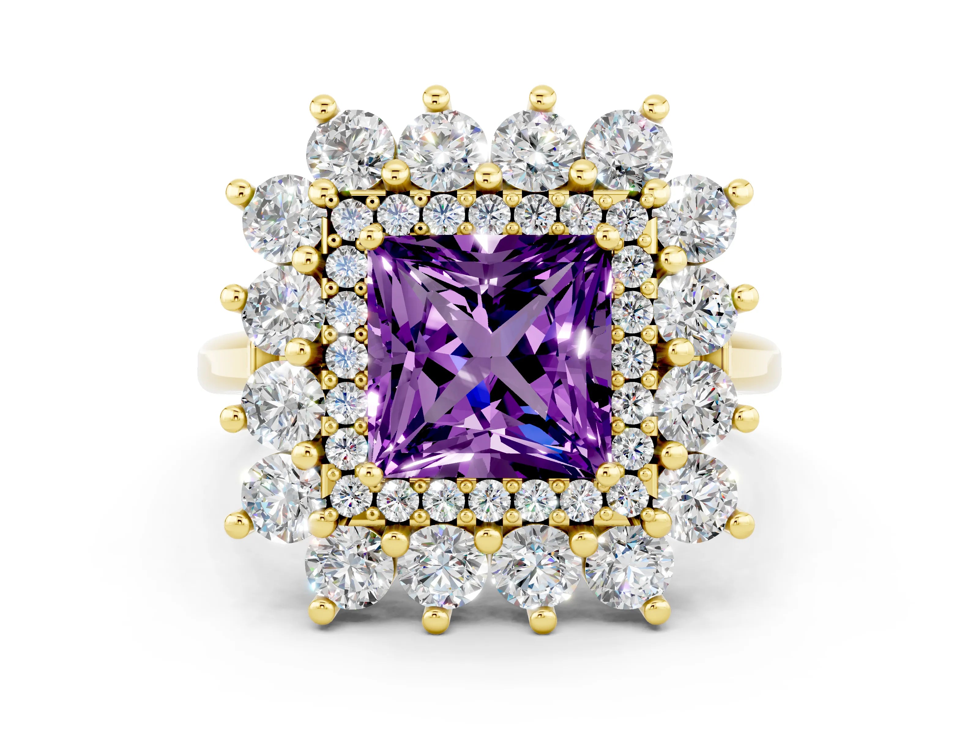 Yellow gold Princess Cut Halo Cluster Diamond Ring with Pave Band and Four-Prong Setting