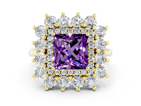 Yellow gold Princess Cut Halo Cluster Diamond Ring with Pave Band and Four-Prong Setting