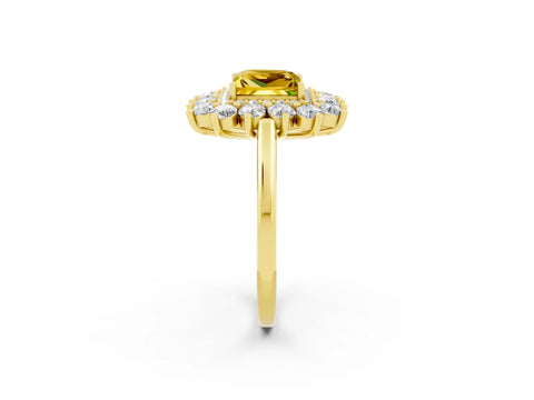 Yellow gold Princess Cut Halo Cluster Diamond Ring with Pave Band and Four-Prong Setting_8