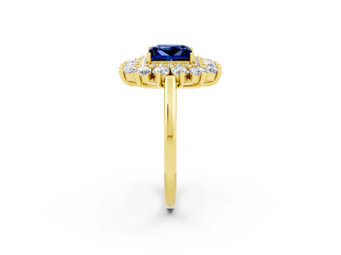 Yellow gold Princess Cut Halo Cluster Diamond Ring with Pave Band and Four-Prong Setting_8