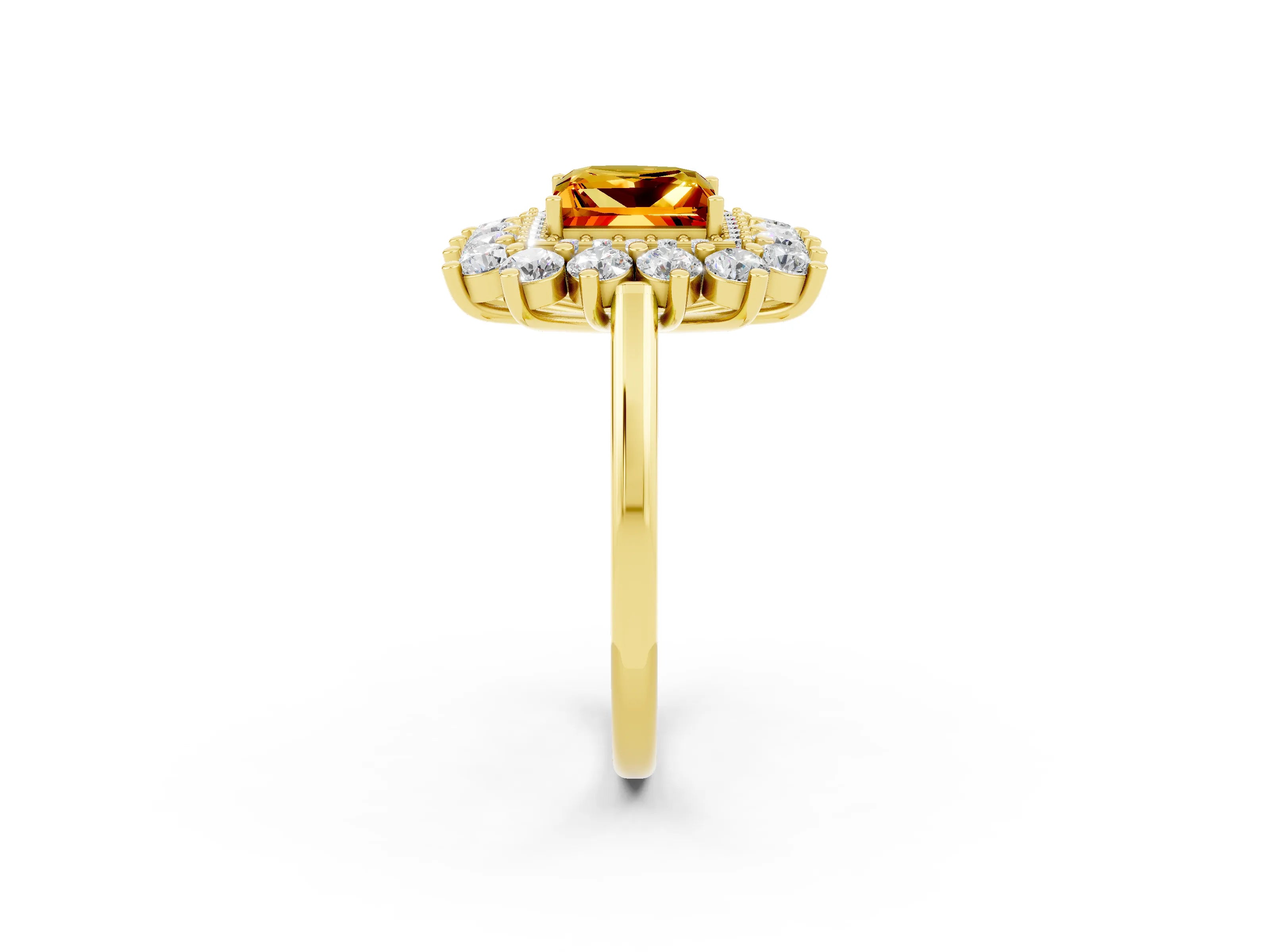 Yellow gold Princess Cut Halo Cluster Diamond Ring with Pave Band and Four-Prong Setting_8