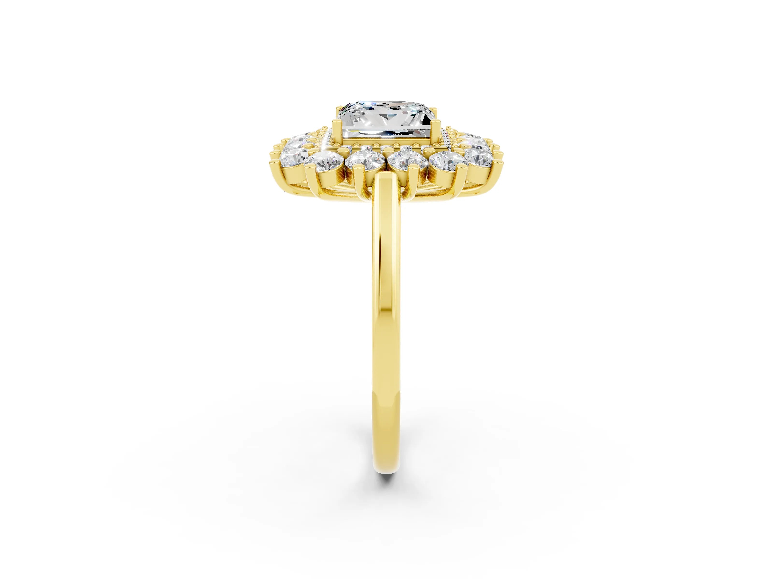 Yellow gold Princess Cut Halo Cluster Diamond Ring with Pave Band and Four-Prong Setting_8