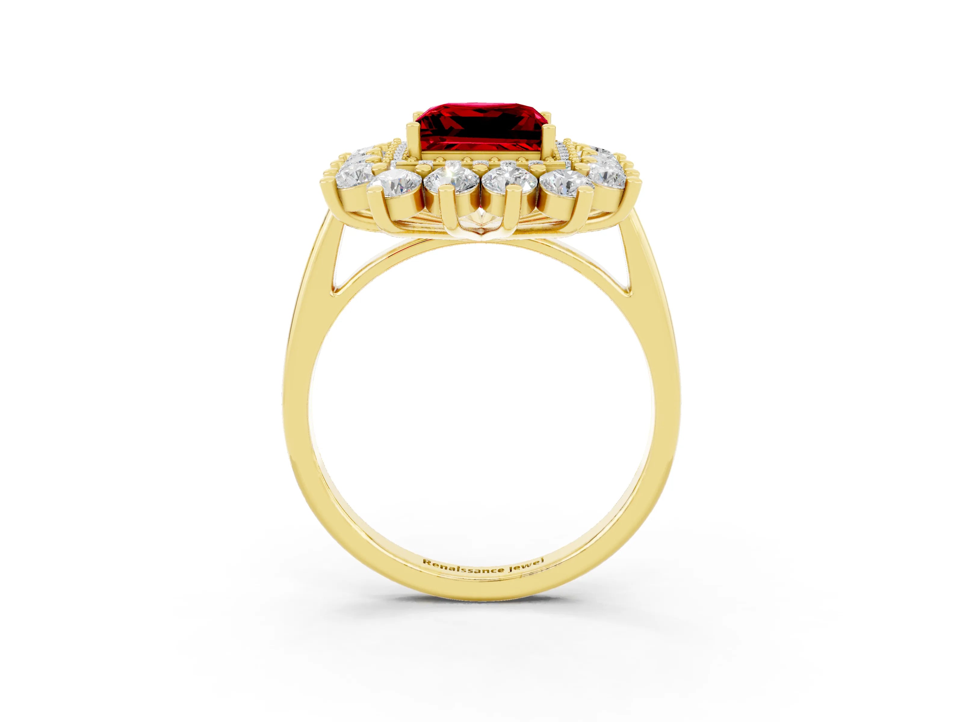 Yellow gold Princess Cut Halo Cluster Diamond Ring with Pave Band and Four-Prong Setting_9