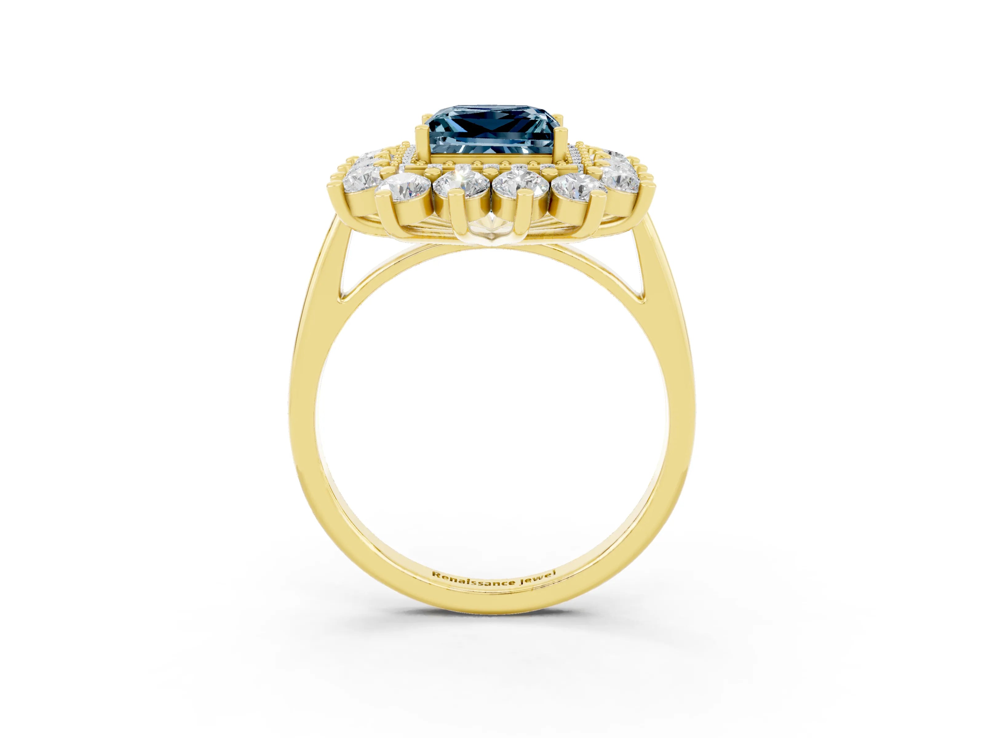 Yellow gold Princess Cut Halo Cluster Diamond Ring with Pave Band and Four-Prong Setting_9