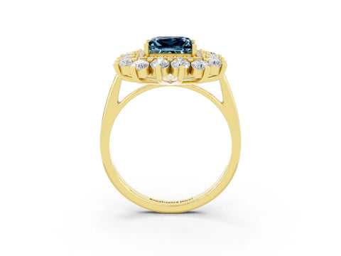 Yellow gold Princess Cut Halo Cluster Diamond Ring with Pave Band and Four-Prong Setting_9
