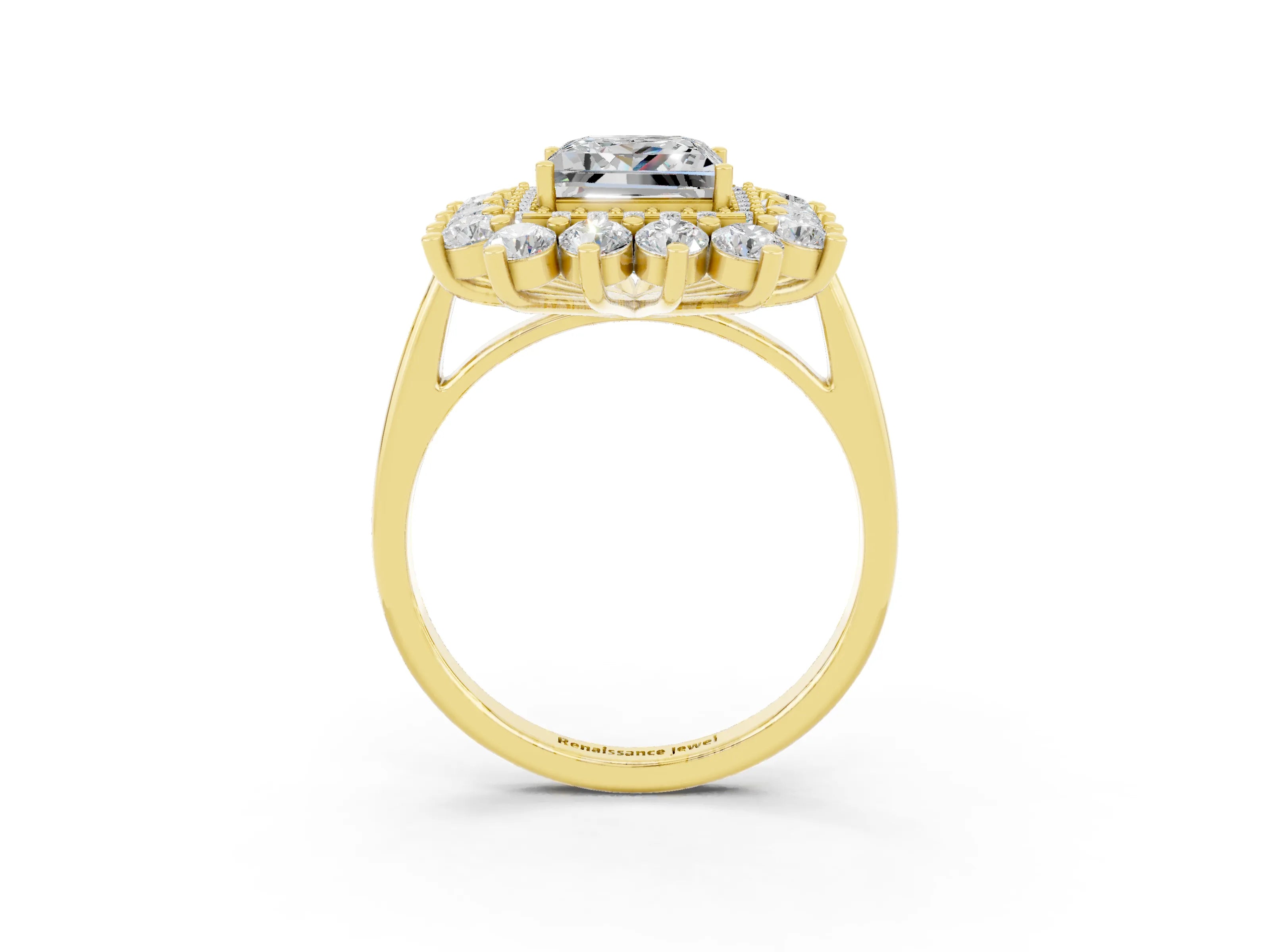 Yellow gold Princess Cut Halo Cluster Diamond Ring with Pave Band and Four-Prong Setting_9