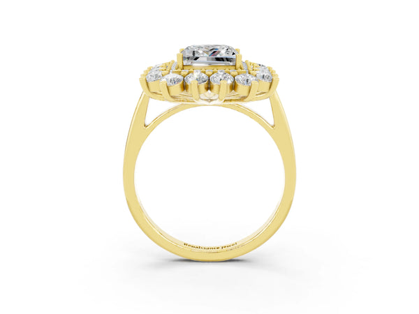 Yellow gold Princess Cut Moissanite Floral Double Halo Engagement Ring with Prong Setting