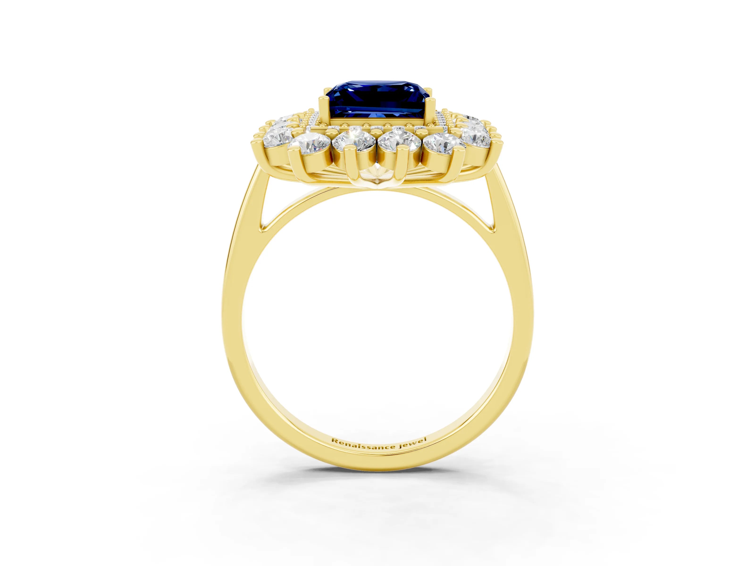 Yellow gold Princess Cut Halo Cluster Diamond Ring with Pave Band and Four-Prong Setting_9