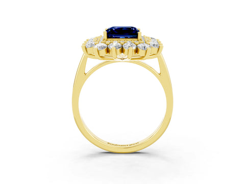 Yellow gold Princess Cut Halo Cluster Diamond Ring with Pave Band and Four-Prong Setting_9