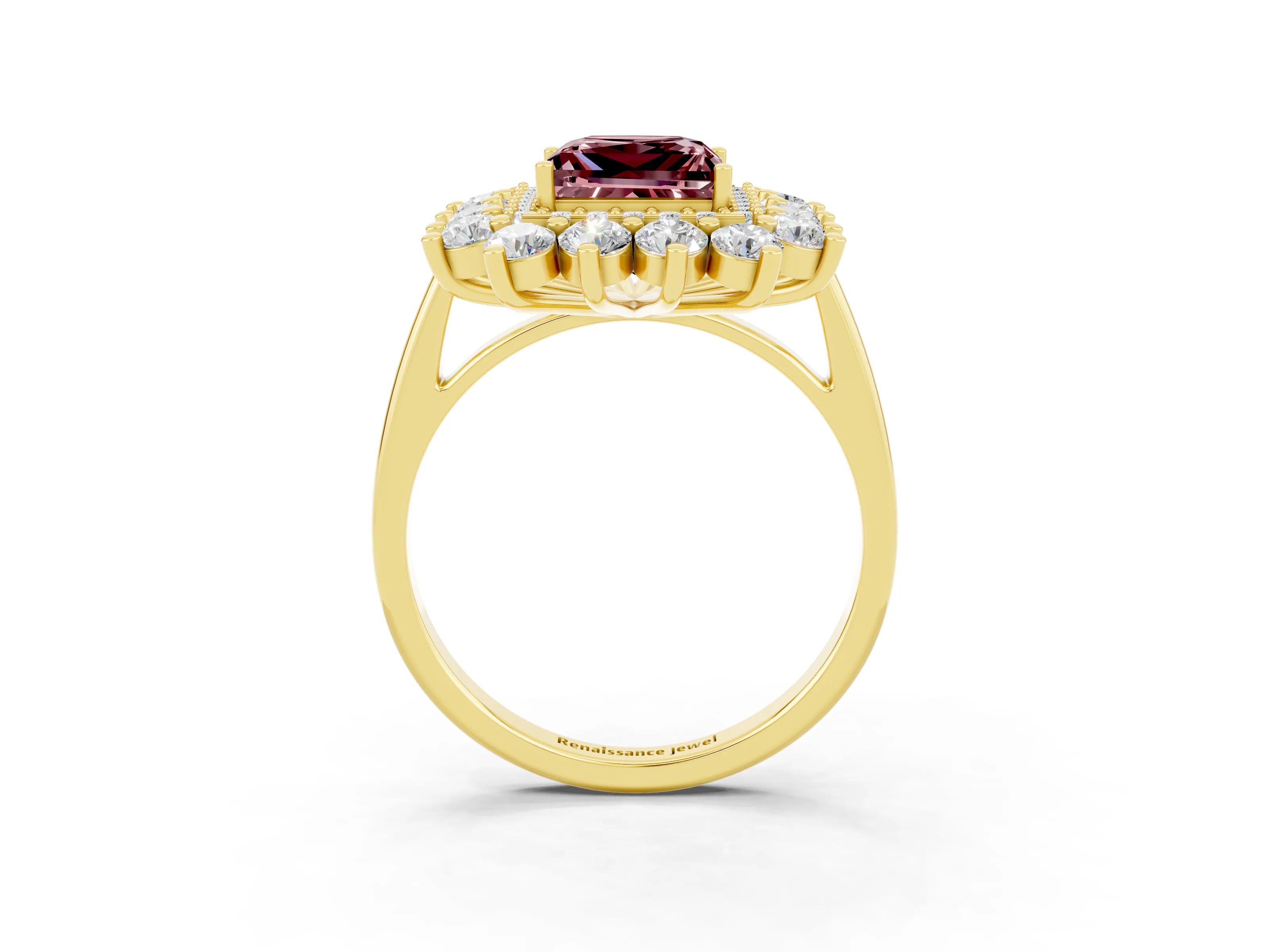 Yellow gold Princess Cut Halo Cluster Diamond Ring with Pave Band and Four-Prong Setting_9