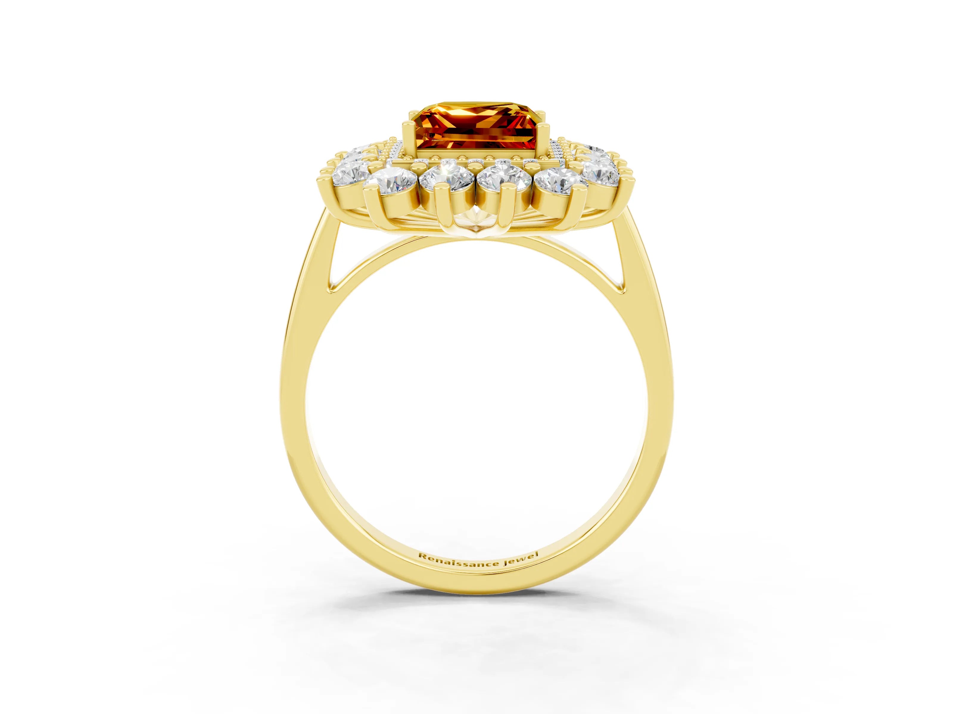 Yellow gold Princess Cut Halo Cluster Diamond Ring with Pave Band and Four-Prong Setting_9