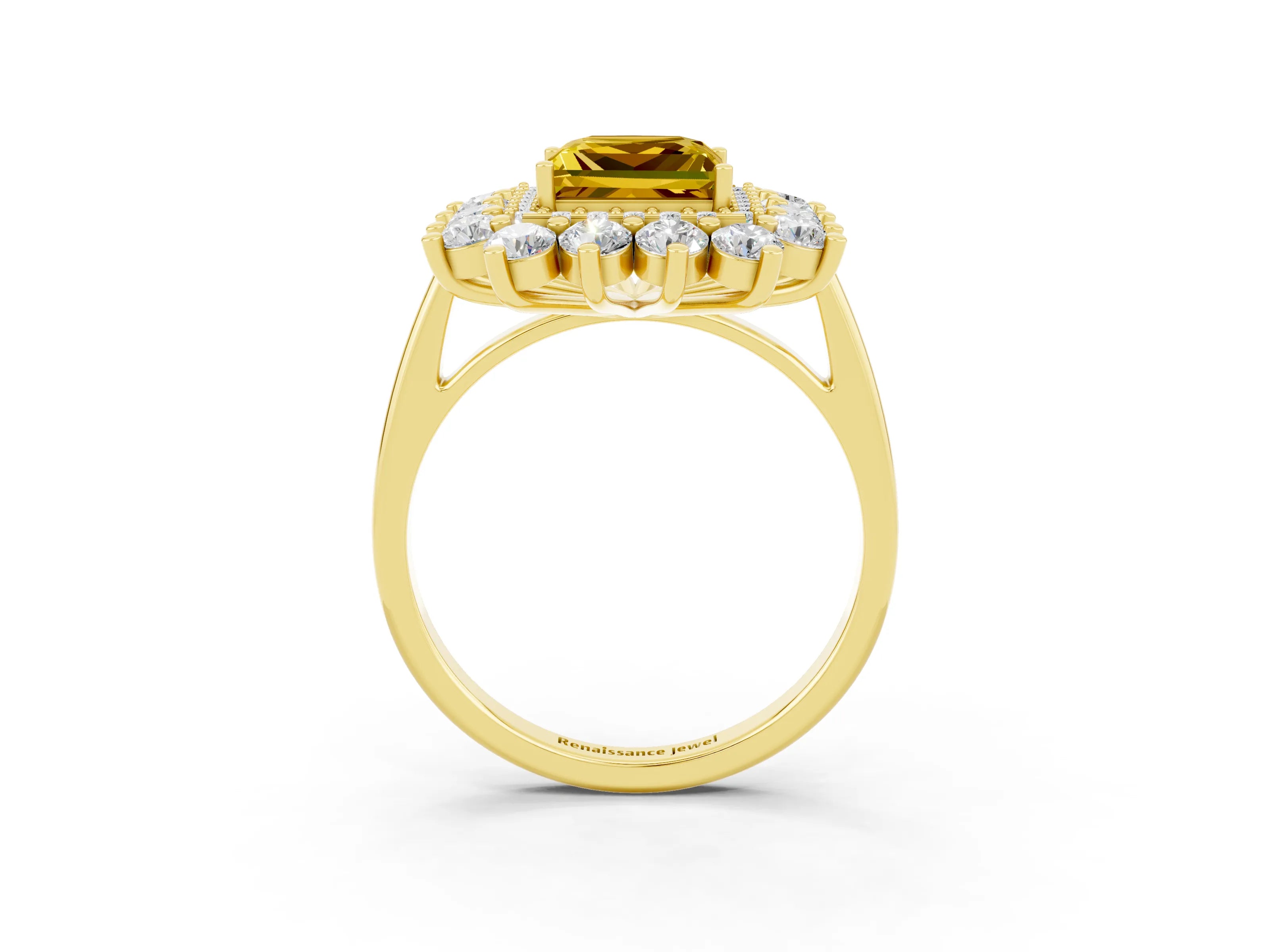 Yellow gold Princess Cut Halo Cluster Diamond Ring with Pave Band and Four-Prong Setting_9