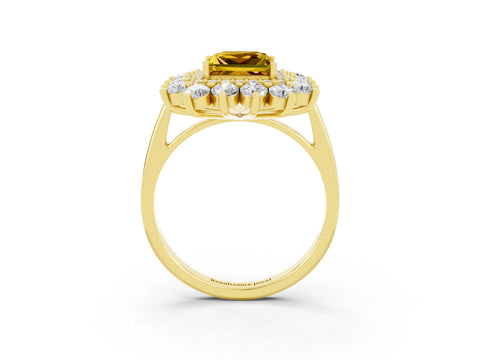 Yellow gold Princess Cut Halo Cluster Diamond Ring with Pave Band and Four-Prong Setting_9