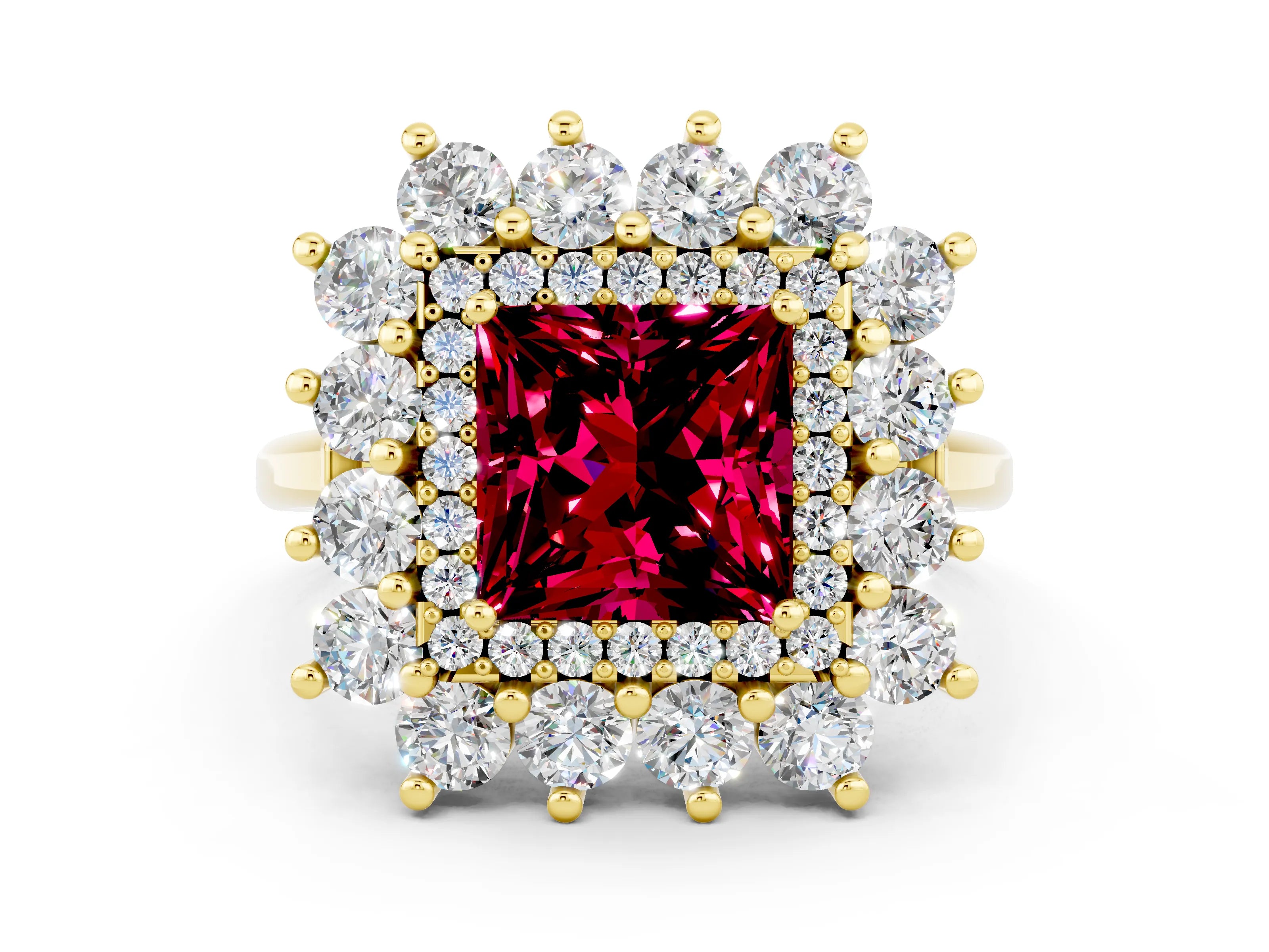 Yellow gold Princess Cut Halo Cluster Diamond Ring with Pave Band and Four-Prong Setting