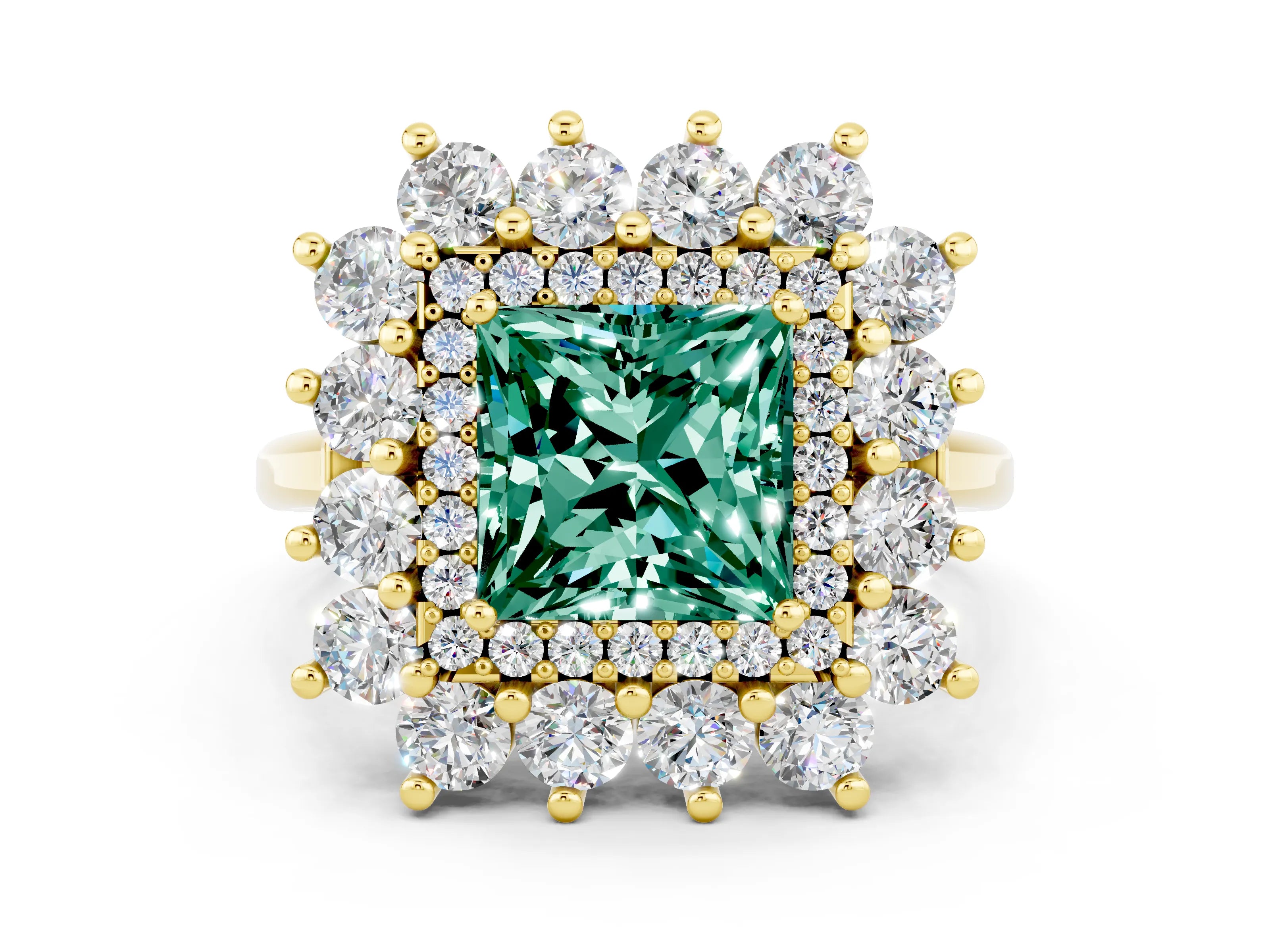Yellow gold Princess Cut Halo Cluster Diamond Ring with Pave Band and Four-Prong Setting