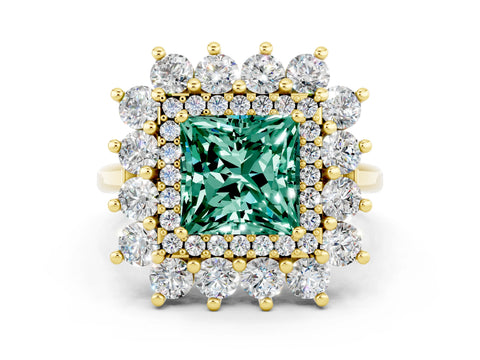 Yellow gold Princess Cut Halo Cluster Diamond Ring with Pave Band and Four-Prong Setting