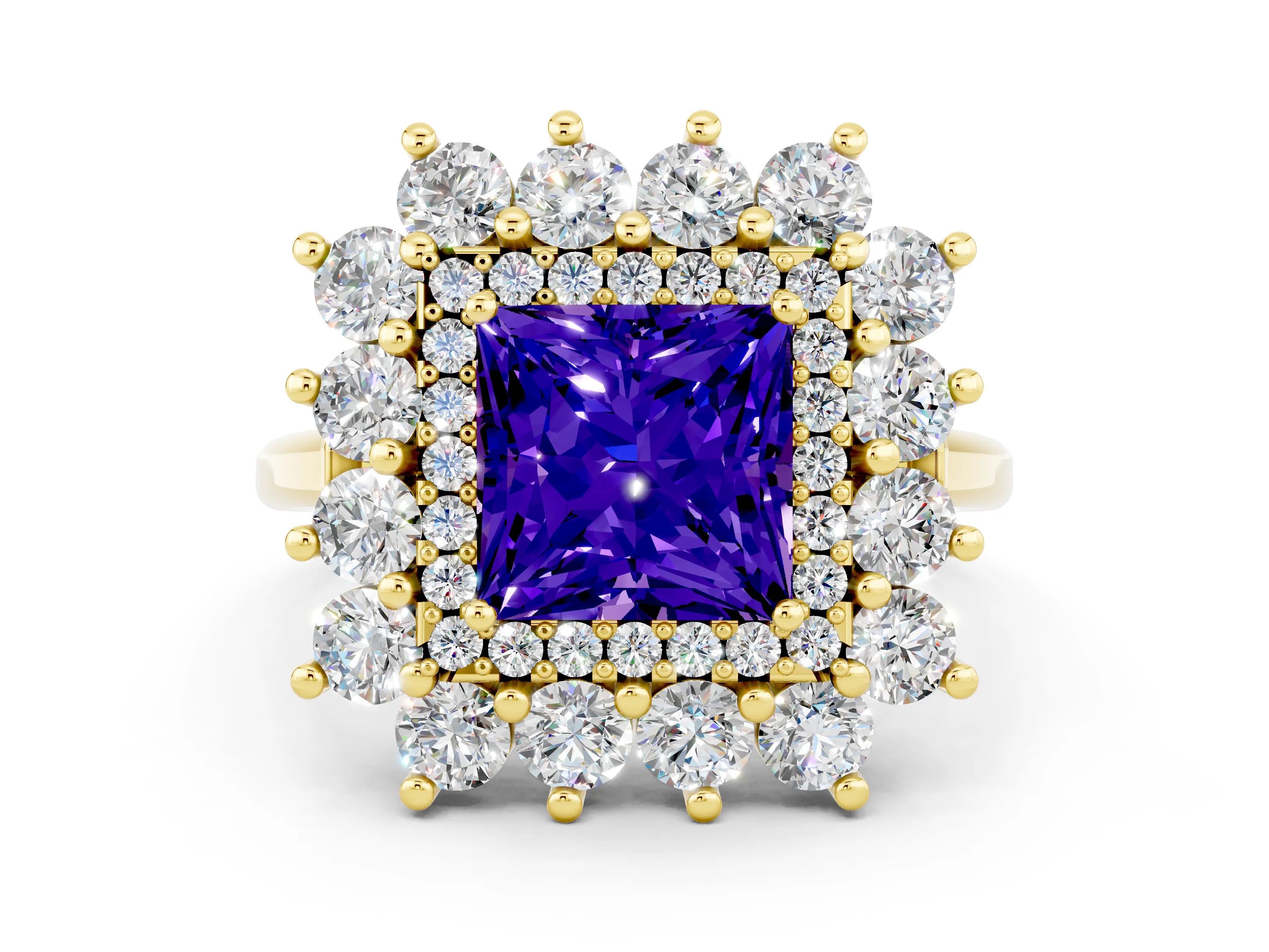 Yellow gold Princess Cut Halo Cluster Diamond Ring with Pave Band and Four-Prong Setting