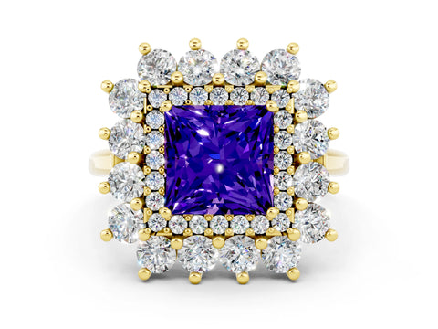 Yellow gold Princess Cut Halo Cluster Diamond Ring with Pave Band and Four-Prong Setting