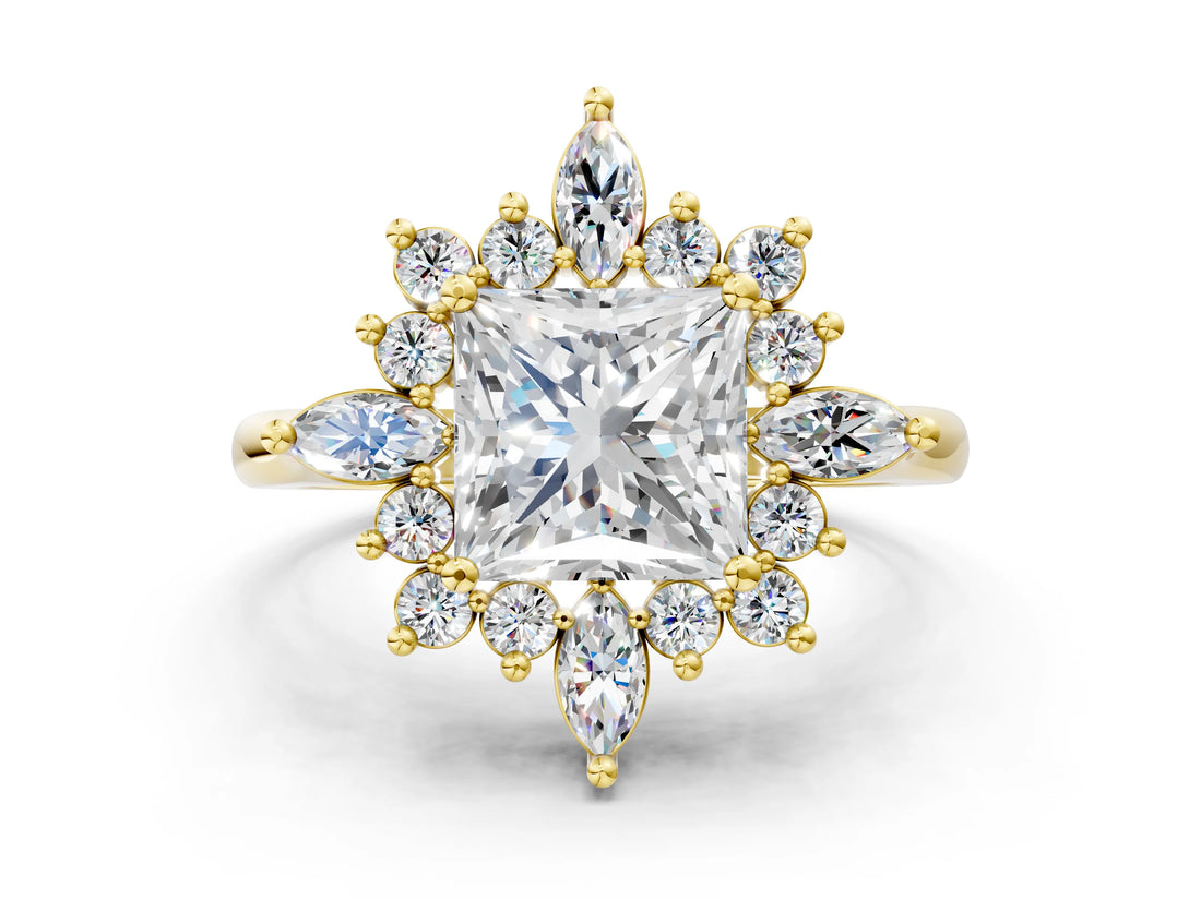 Yellow gold Princess Cut Halo Diamond Cluster Ring with Marquise and Round Stones on a White Gold Band with Prong Setting_21