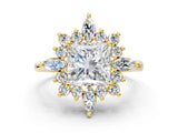 Yellow gold Princess Cut Halo Diamond Cluster Ring with Marquise and Round Stones on a White Gold Band with Prong Setting_21