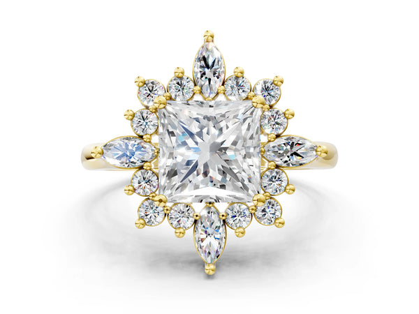 Yellow gold Princess Cut Starburst Halo Engagement Ring Setting with Marquise and Round Accents