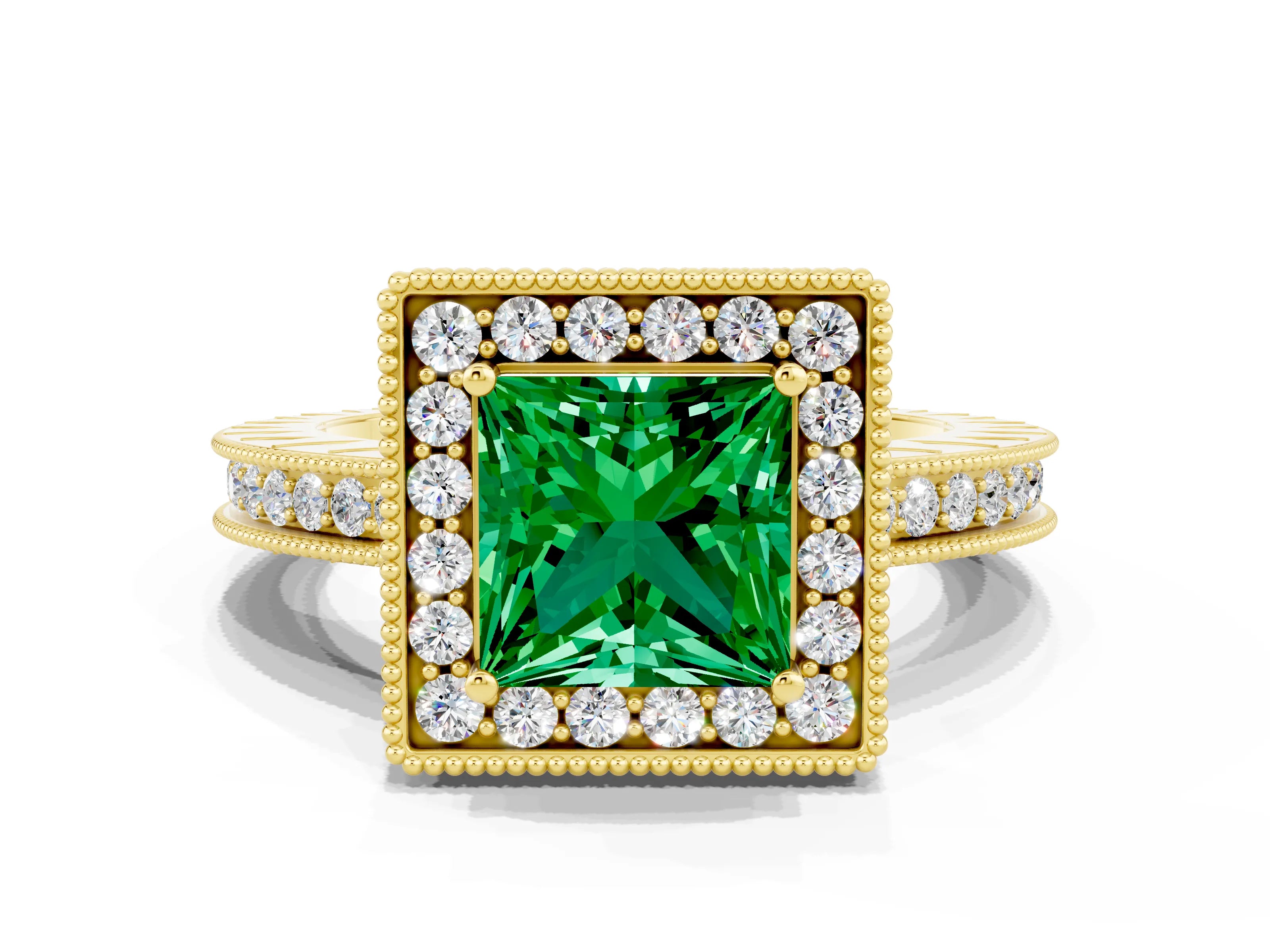 Yellow gold Princess Cut Halo Diamond Engagement Ring with Milgrain Pave Band and Four-Prong Setting