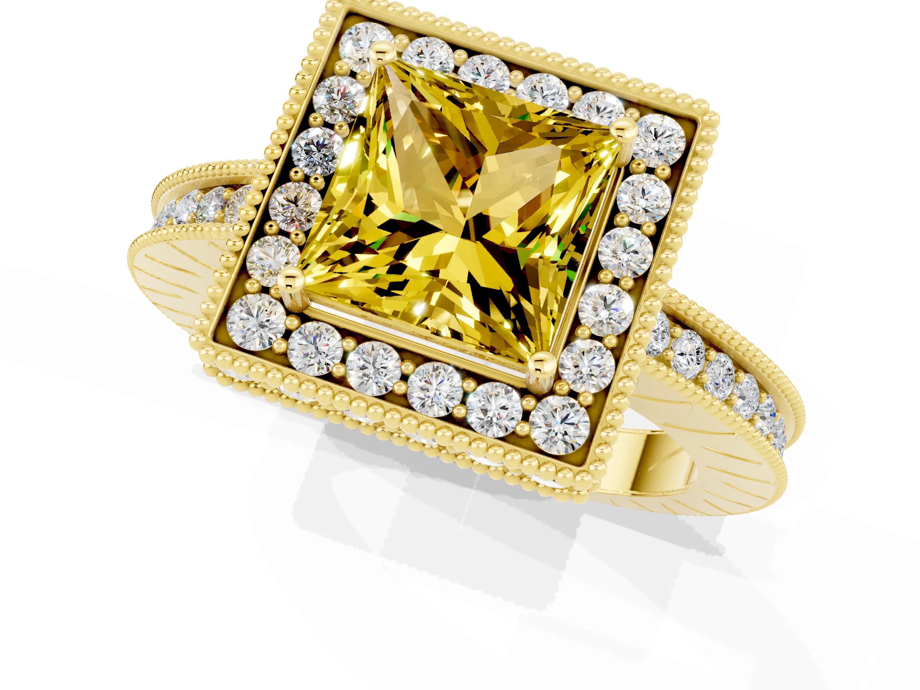 Yellow gold Princess Cut Halo Diamond Engagement Ring with Milgrain Pave Band and Four-Prong Setting_1