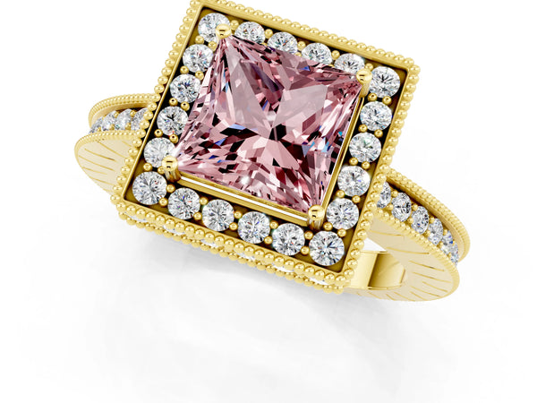 Yellow gold Princess Cut Halo Diamond Engagement Ring with Milgrain Pave Band and Four-Prong Setting