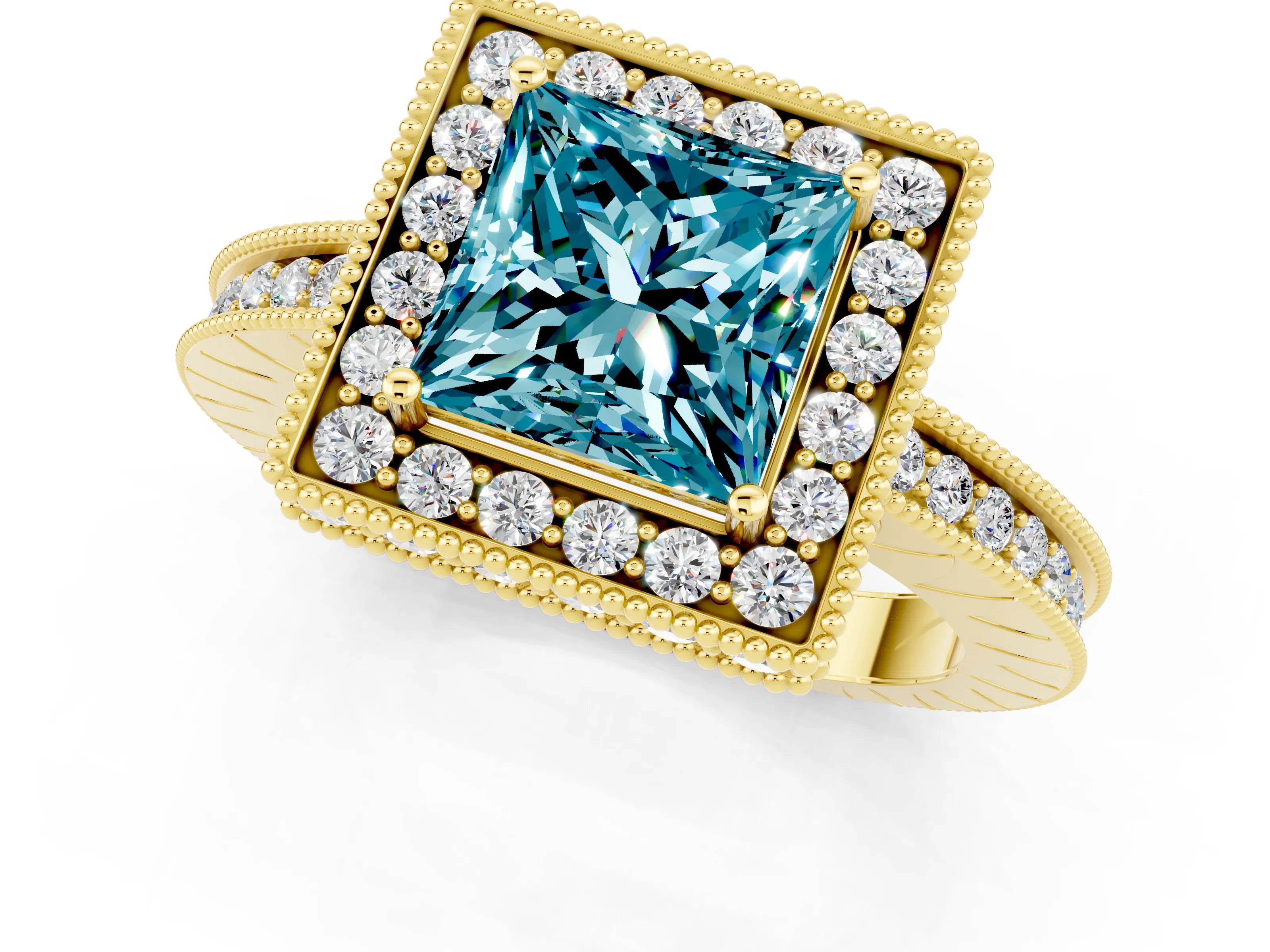 Yellow gold Princess Cut Halo Diamond Engagement Ring with Milgrain Pave Band and Four-Prong Setting_1