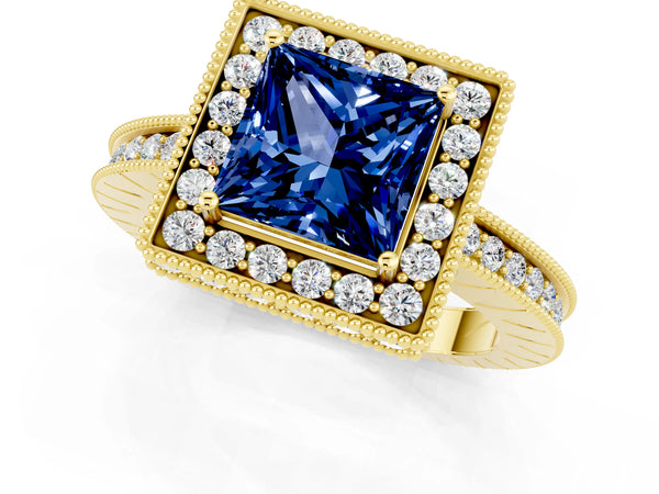 Yellow gold Princess Cut Halo Diamond Engagement Ring with Milgrain Pave Band and Four-Prong Setting
