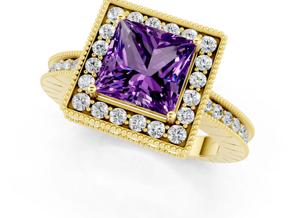 Yellow gold Princess Cut Amethyst Milgrain Halo Engagement Ring with Round Pavé Band and Prong Setting