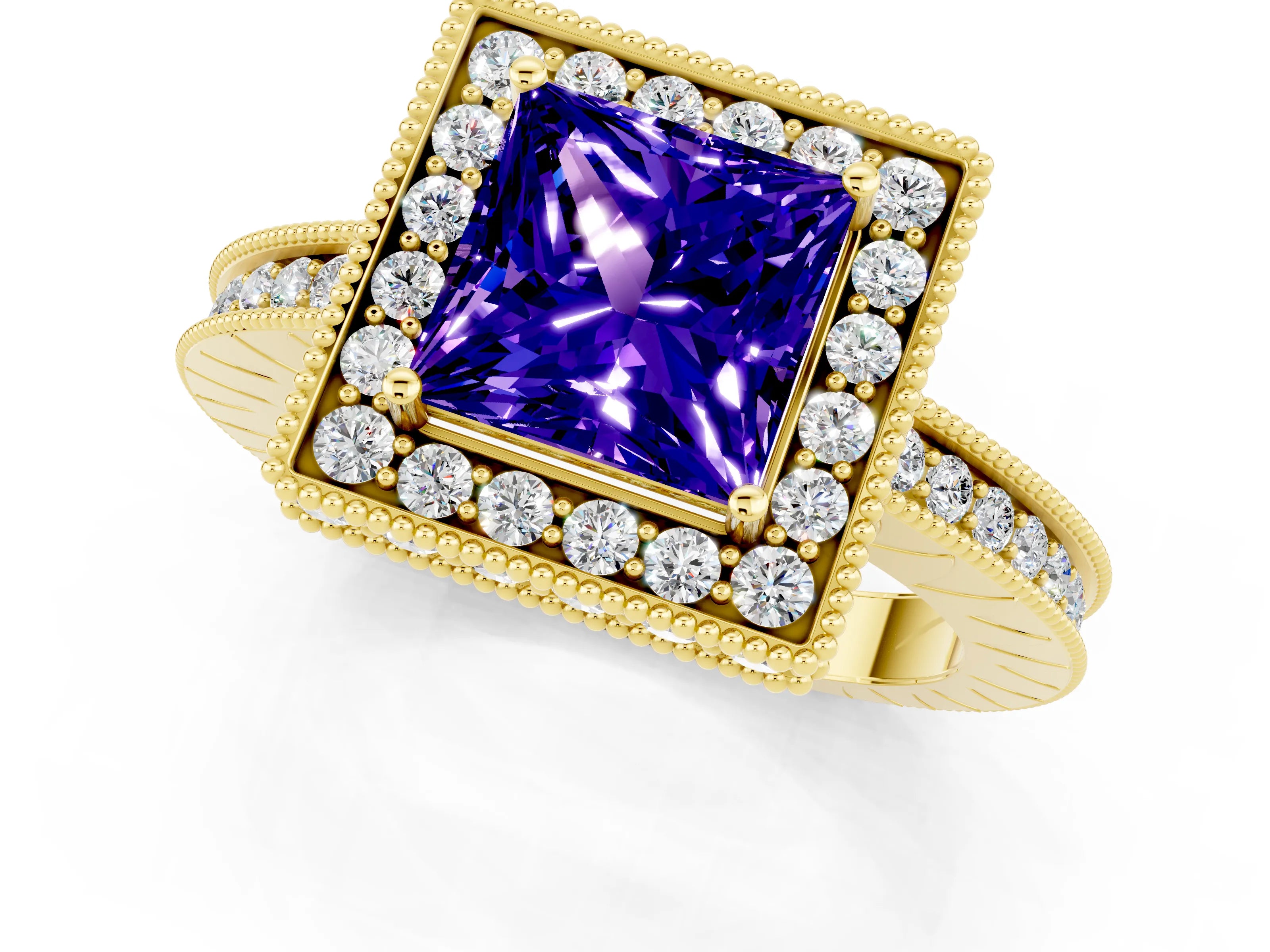 Yellow gold Princess Cut Halo Diamond Engagement Ring with Milgrain Pave Band and Four-Prong Setting_1