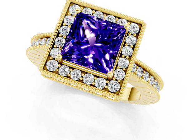 Yellow gold Princess Cut Halo Diamond Engagement Ring with Milgrain Pave Band and Four-Prong Setting