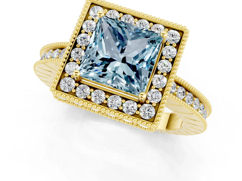 Yellow gold Princess Cut Halo Diamond Engagement Ring with Milgrain Pave Band and Four-Prong Setting_1