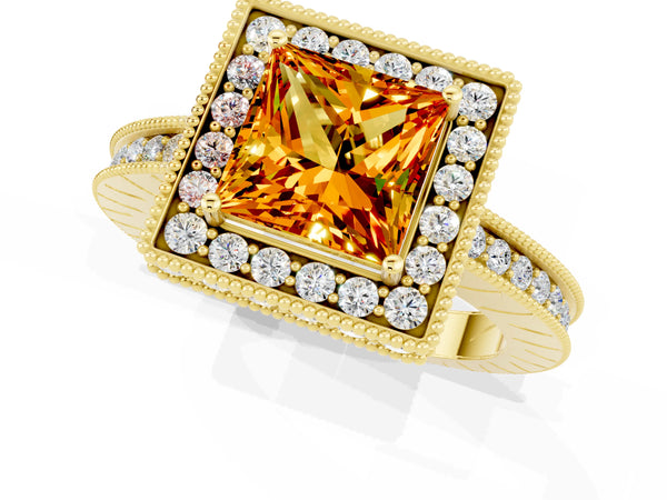 Yellow gold Princess Cut Halo Diamond Engagement Ring with Milgrain Pave Band and Four-Prong Setting