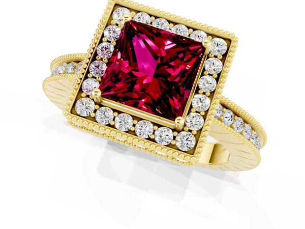 Yellow gold Princess Cut Halo Diamond Engagement Ring with Milgrain Pave Band and Four-Prong Setting