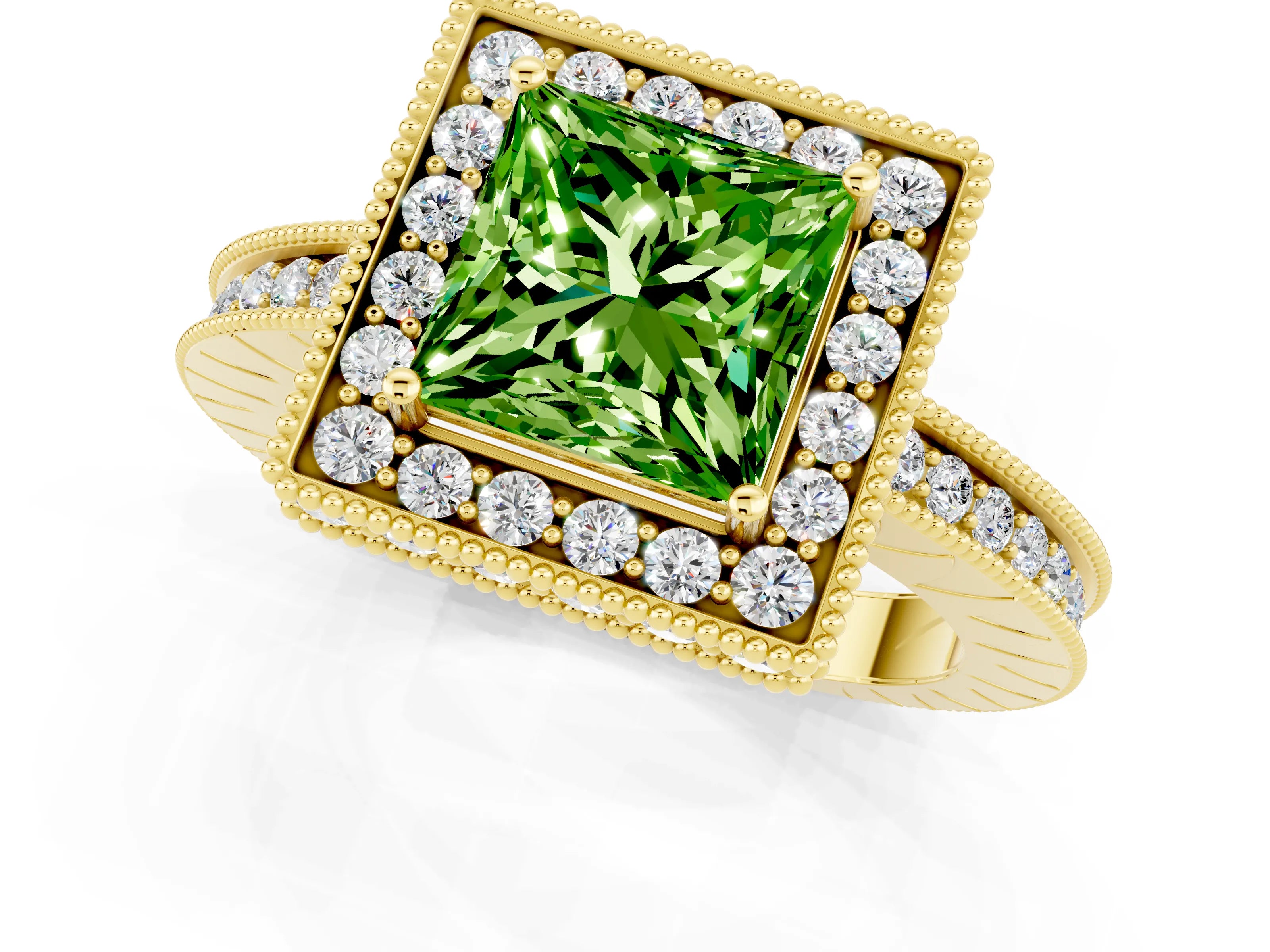Yellow gold Princess Cut Halo Diamond Engagement Ring with Milgrain Pave Band and Four-Prong Setting_1