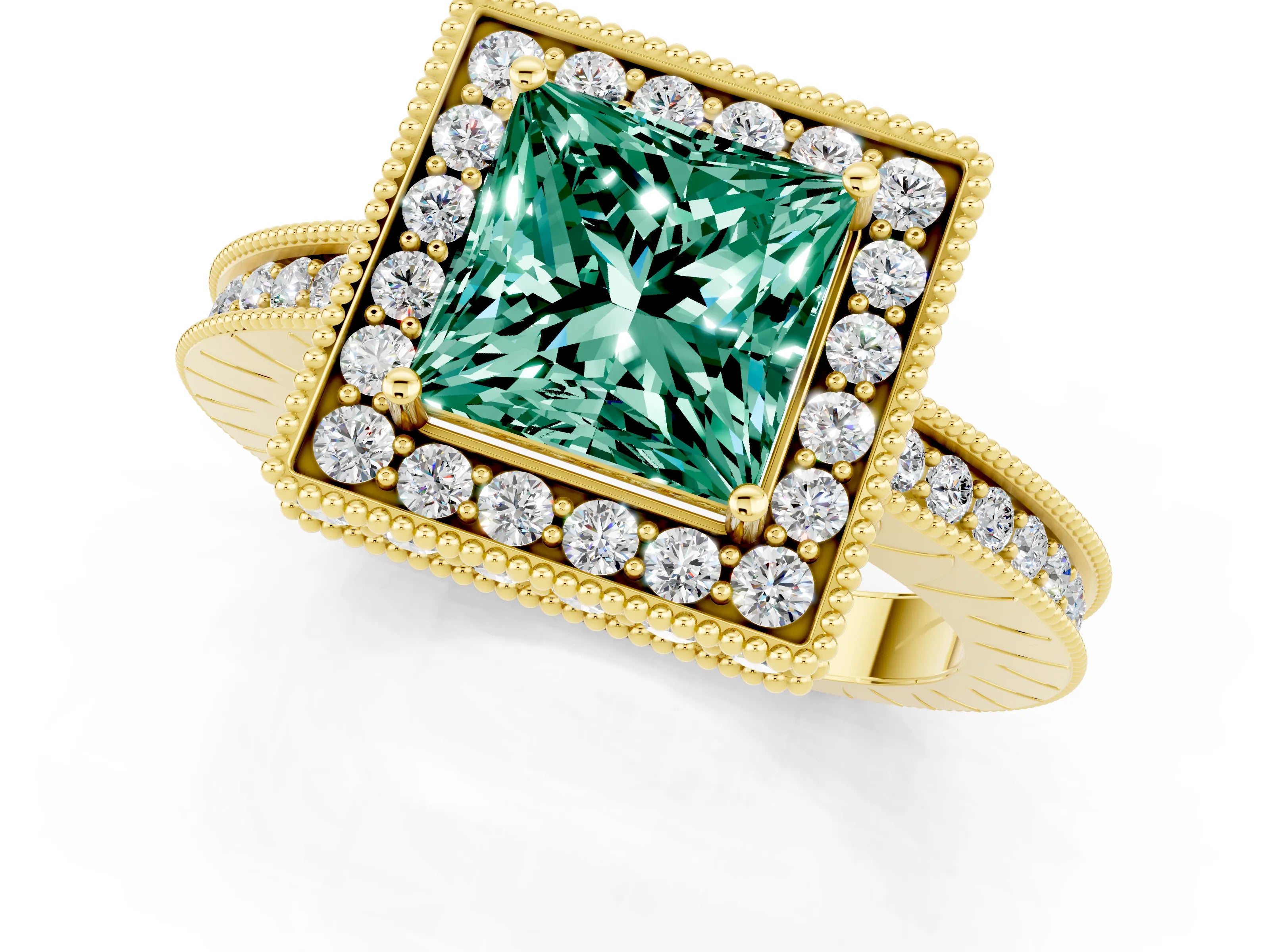 Yellow gold Princess Cut Halo Diamond Engagement Ring with Milgrain Pave Band and Four-Prong Setting_1