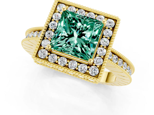 Yellow gold Princess Cut Halo Diamond Engagement Ring with Milgrain Pave Band and Four-Prong Setting