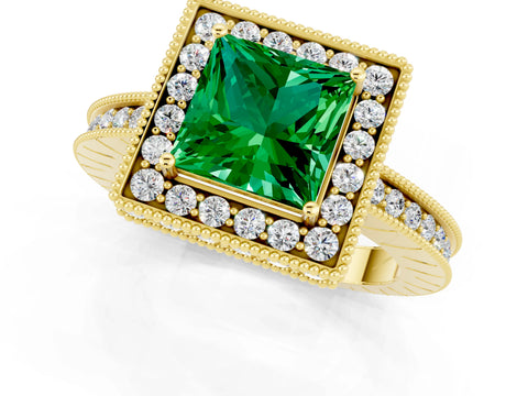 Yellow gold Princess Cut Halo Diamond Engagement Ring with Milgrain Pave Band and Four-Prong Setting_1