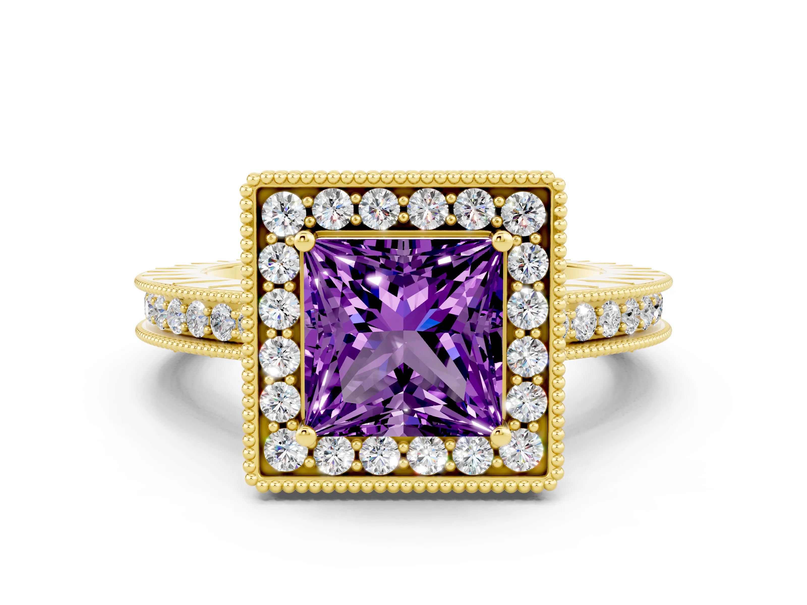 Yellow gold Princess Cut Halo Diamond Engagement Ring with Milgrain Pave Band and Four-Prong Setting