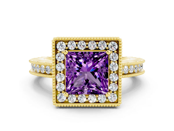 Yellow gold Princess Cut Amethyst Milgrain Halo Engagement Ring with Round Pavé Band and Prong Setting