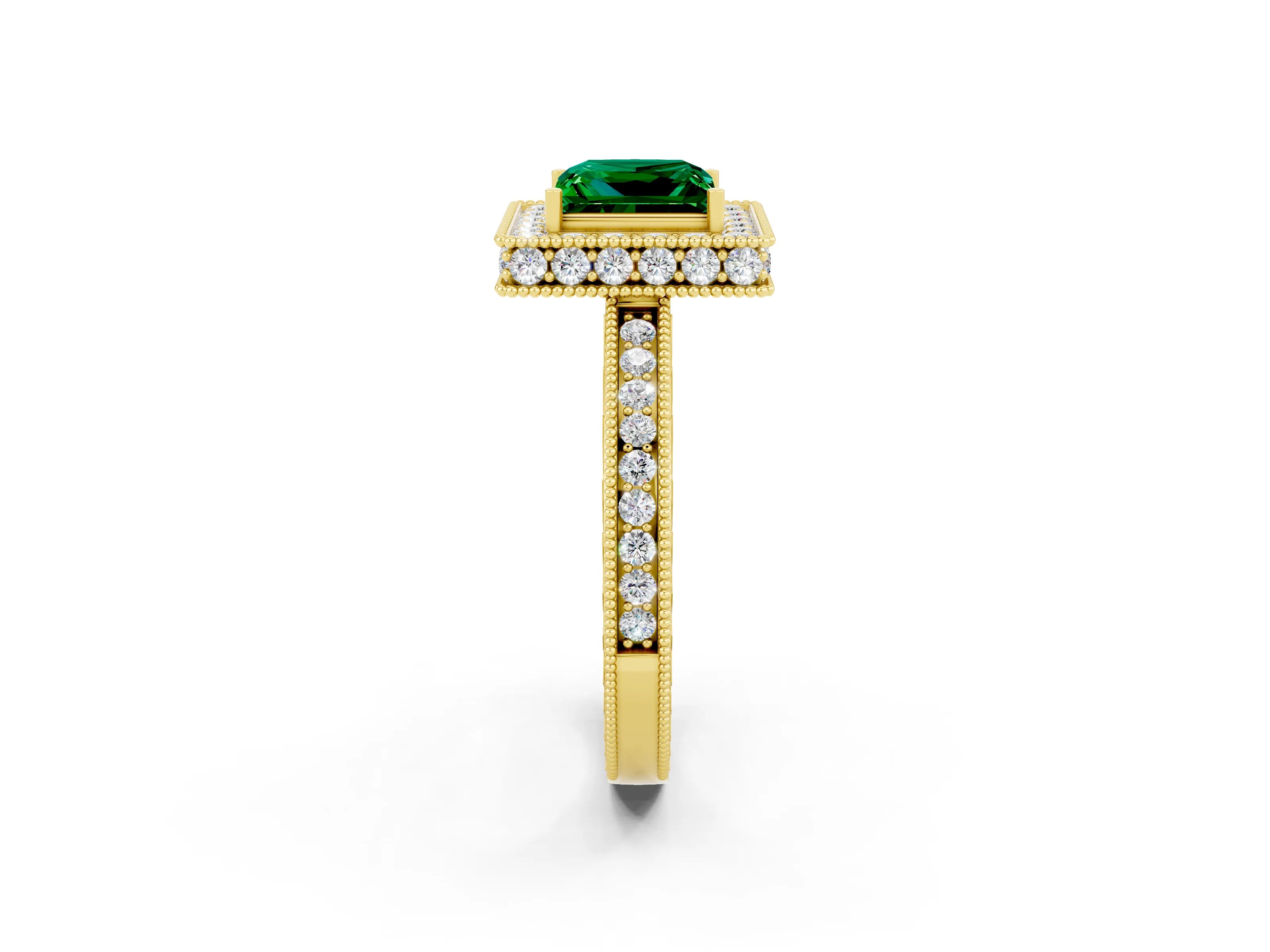 Yellow gold Princess Cut Halo Diamond Engagement Ring with Milgrain Pave Band and Four-Prong Setting_2