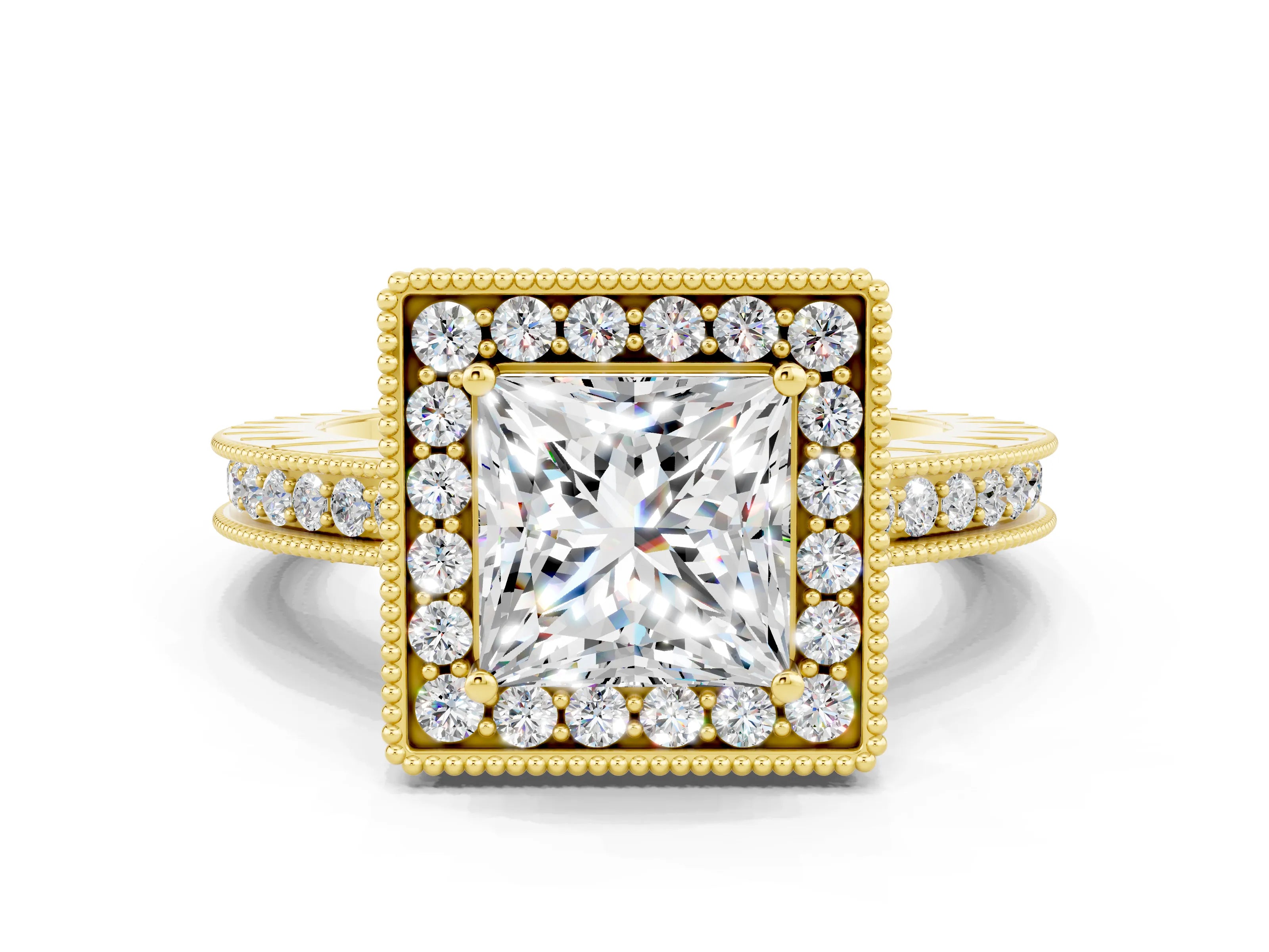 Yellow gold Princess Cut Halo Diamond Engagement Ring with Milgrain Pave Band and Four-Prong Setting_20