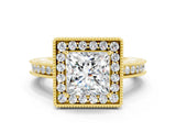 Yellow gold Princess Cut Halo Diamond Engagement Ring with Milgrain Pave Band and Four-Prong Setting_20