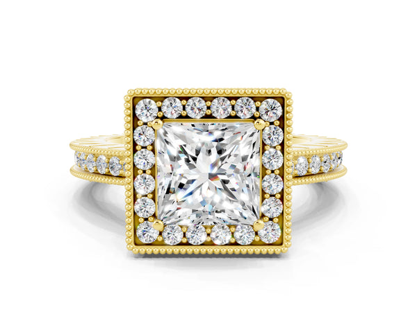 Yellow gold Princess Cut Halo Diamond Engagement Ring with Milgrain Pave Band and Four-Prong Setting