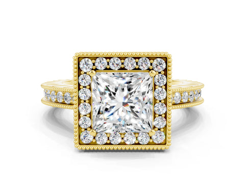 Yellow gold Princess Cut Halo Diamond Engagement Ring with Milgrain Pave Band and Four-Prong Setting_20